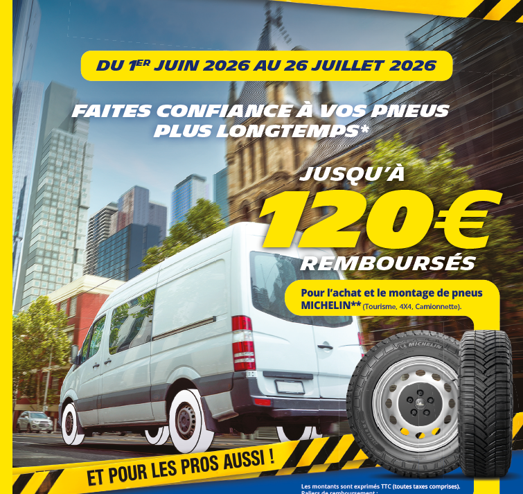 Visuel MICHELIN pour l'offre 120 € remboursé sur l'achat et le montage de 4 pneus.